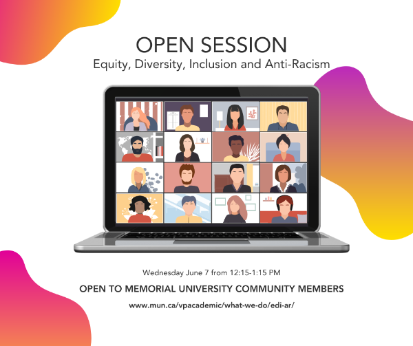 An image with a white background, with pink, purple, and yellow blobs. In the centre of the image is an illustration of a laptop with a Zoom-like meeting on the screen. Black text at the top reads 'Open Session' and 'Equity, Diversity, Inclusion and Anti-Racism.' Smaller text at the bottom indicates the meeting is open to all of Memorial and will be held Wed. June 7 from 12:15-1:15 p.m.